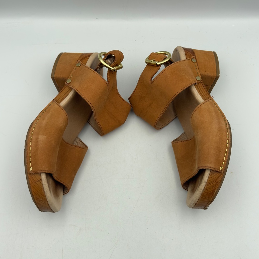 Dansko Minka Sandal Tan Leather Wood Platform Clog 38 7.5/8 Ankle Strap Boho - Picture 4 of 15